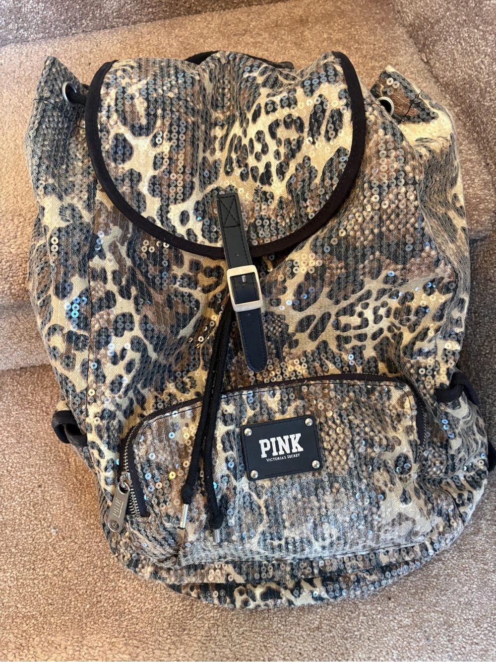 Y2K PINK Victoria's Secret Leopard Sequin Drawstring Backpack - Brown/Tan/Black